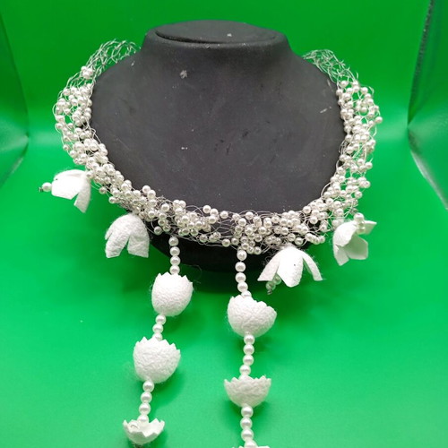 Handmade necklace with silk worm cocoons and white pearls made to order