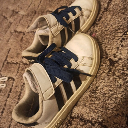 Adidas kids sports shoes used, size 28, white and blue