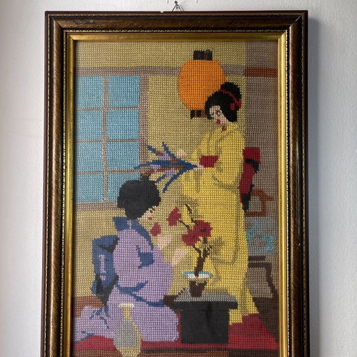 Vintage embroidery canvas with geishas framed