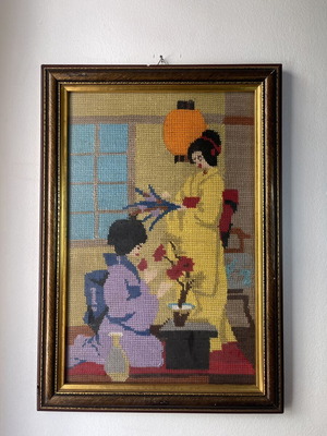 Vintage embroidery canvas with geishas framed