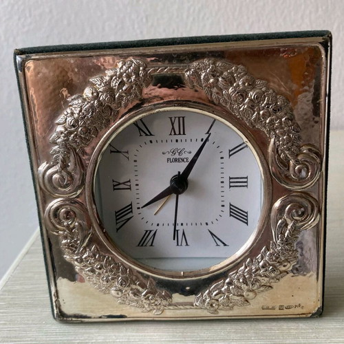 Silver Florence 925 table clock used, battery operated, functional