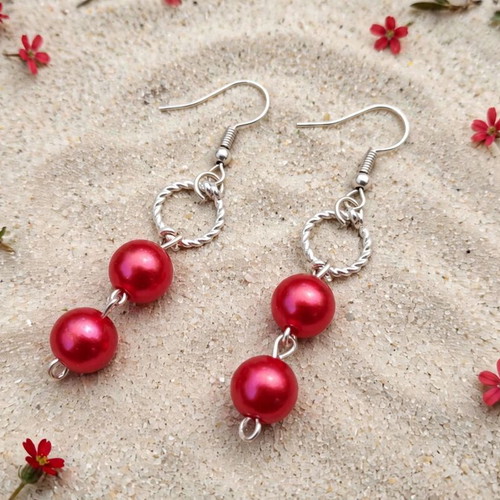 Handmade red beaded necklace and earrings set