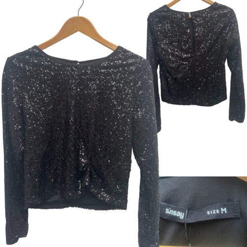 Sinsay Black Sequin Long Sleeve Top used, size M