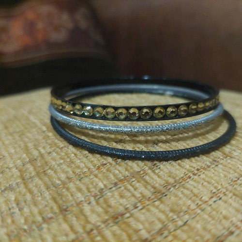 Vintage set of 3 bracelets silver and black with glitter and strass like new