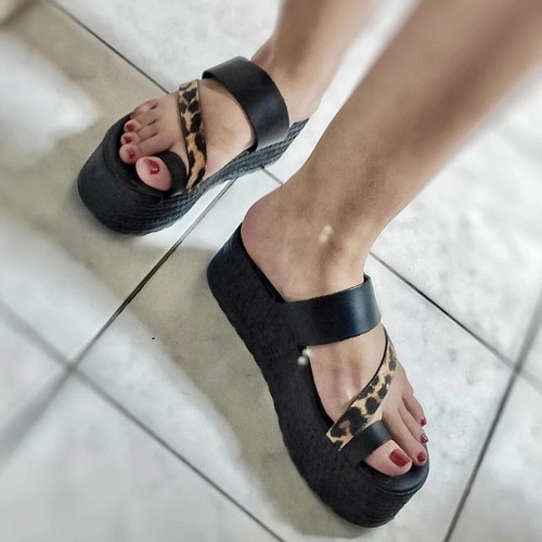 Genuine Leather Handmade Platform Flatform Sandals Black Leopard, Like New