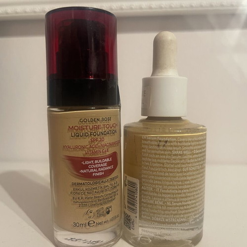 Golden Rose Moisture Touch 108 SPF 20 liquid foundation and Catrice Nude Drop 038W tinted serum foundation