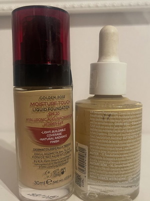 Golden Rose Moisture Touch 108 SPF 20 liquid foundation and Catrice Nude Drop 038W tinted serum foundation