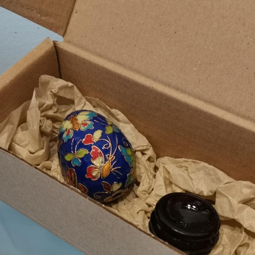 Cloisonne egg used, vintage blue with butterflies on wooden base