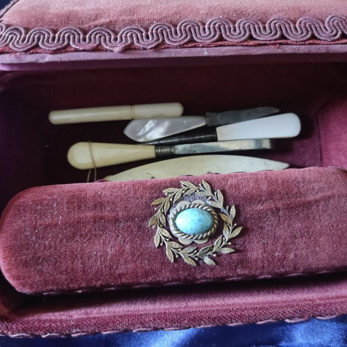 French velvet sewing and grooming tool box used, circa 1880