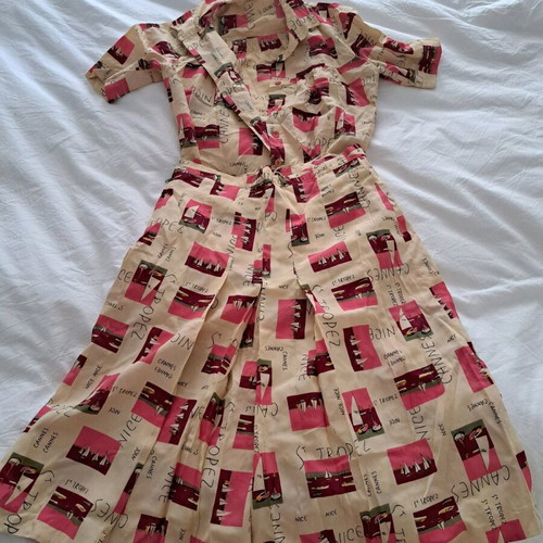 Set shirt and skirt used, vintage, pink with colorful sailboat pattern