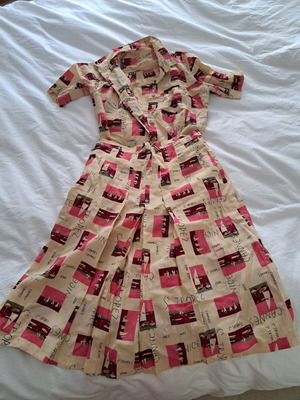 Set shirt and skirt used, vintage, pink with colorful sailboat pattern