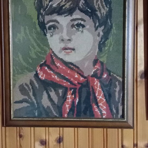 Embroidered picture with wooden frame like new, The Crying Boy