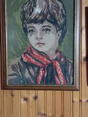 Embroidered picture with wooden frame like new, The Crying Boy