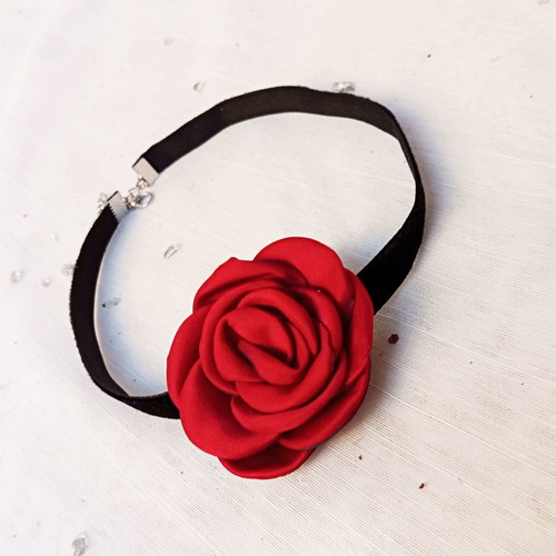 Black velvet choker with large red fabric flower new