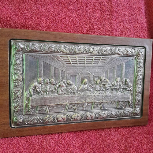 Last Supper silver icon used, 950 silver with wooden base