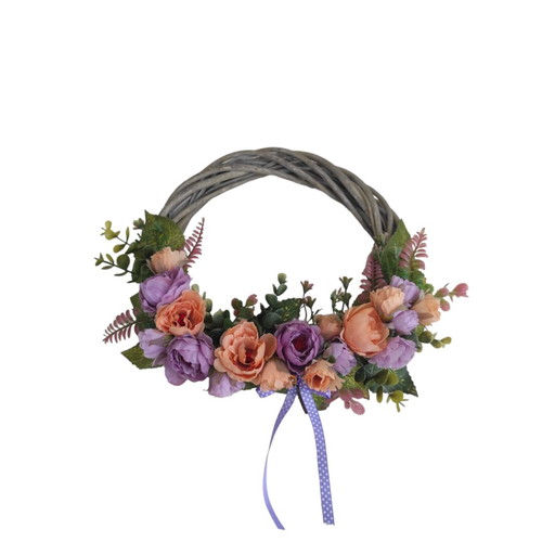 Wreath 30 cm with orange and purple peonies, purple polka dot bows and yellow bee