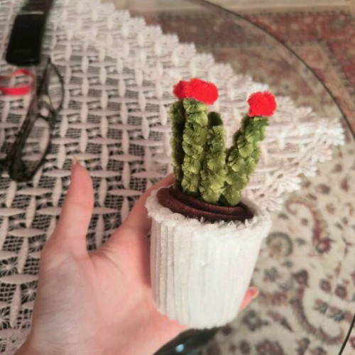 Handmade Blooming Cactus in White Pot made of Pipe Cleaner