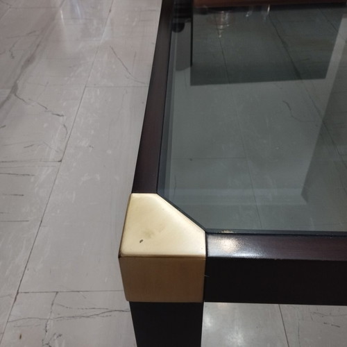 Varagkis walnut coffee table like new with brass details and smoked glass