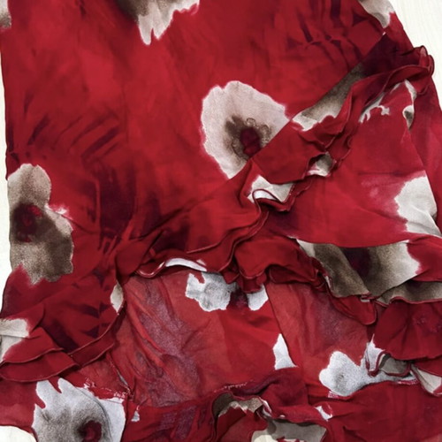 Vintage red asymmetric dress with ruffles and floral pattern, Evgenidis Bros, size 2