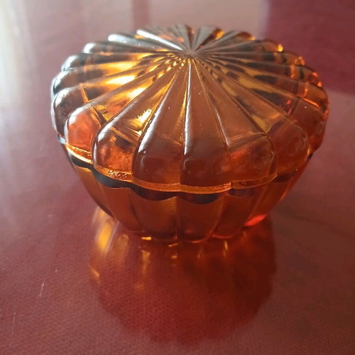 Czech glass amber candy dish with lid 7 cm high