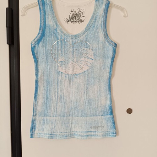 Enigma sleeveless women's top like new, blue and white washed effect