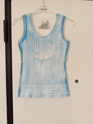 Enigma sleeveless women's top like new, blue and white washed effect