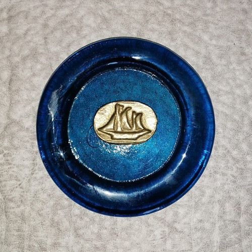 Vintage Paperweight made of Blue Glass with a Bronze Ship Stamp