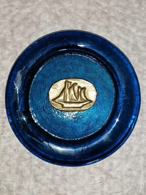 Vintage Paperweight made of Blue Glass with a Bronze Ship Stamp
