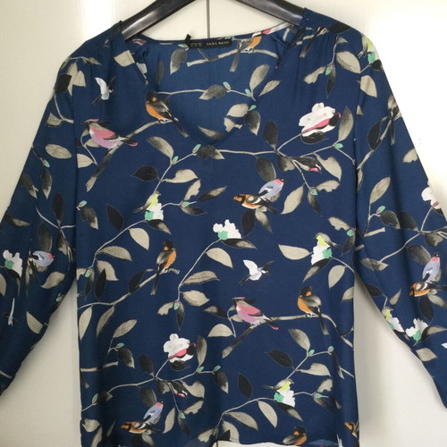 Zara Basic blouse blue with birds new, size Medium