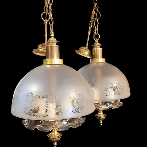 Vintage 1970 3-light ceiling lamps like new with frosted glass and brass details