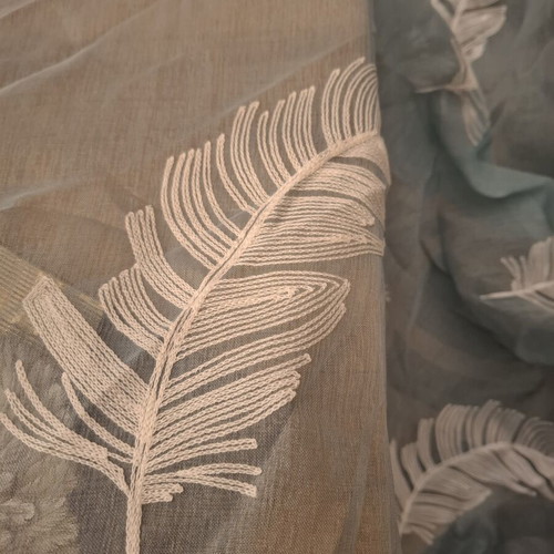 Curtain aquamarine with white embroidered feathers, like new, 450x275cm