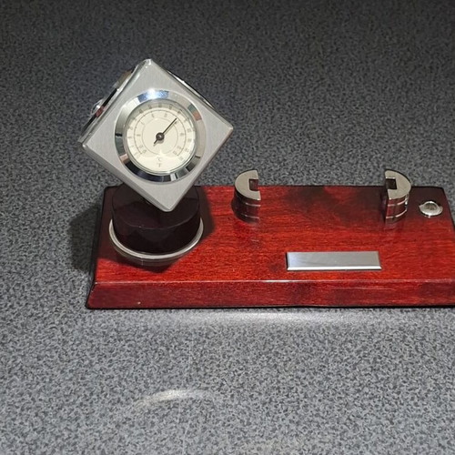 Vintage office set with rotating cube clock, thermometer & hygrometer on wooden base like new