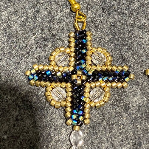 Handmade beaded earrings cross and star shaped, new, multicolor and gold