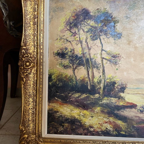 Bucolic oil painting used in frame, T.Linos