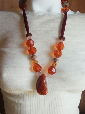 Steel necklace with burgundy pendant and large orange resin beads new