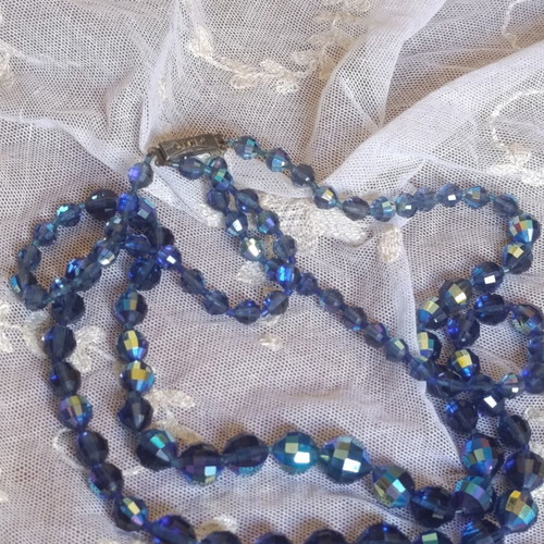 Necklace with blue iridescent beads, double strand, like new