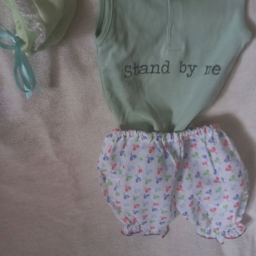 Baby set 3-6 months with balloon pants, green logo bodysuit, vintage cap
