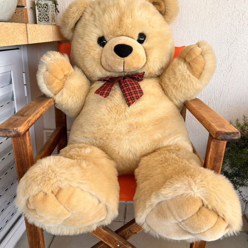 Giant teddy bear with checkered bow, like new