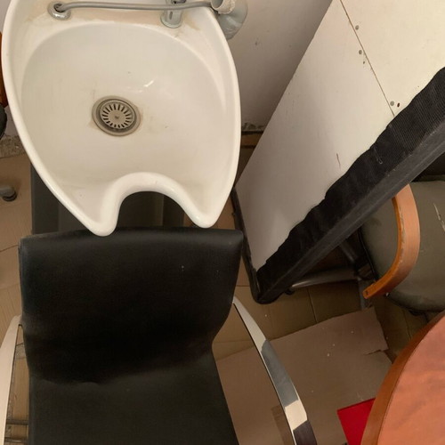 Hair salon furniture used, three chairs, shampoo bowl, desk