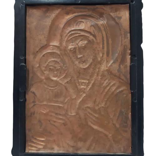 Copper relief icon Virgin Mary and Child like new