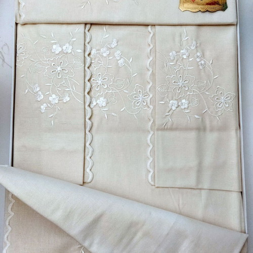 Bridal Double Bed Sheet Set with Embroidery, 4 Pieces, Cotton, New