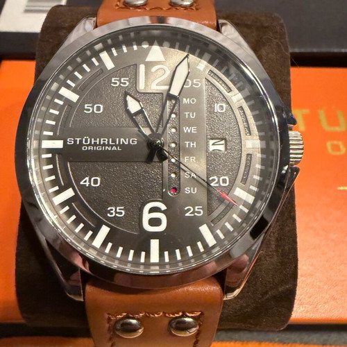 Stuhrling 3916 Aviator Day Date 41mm new, brown and silver