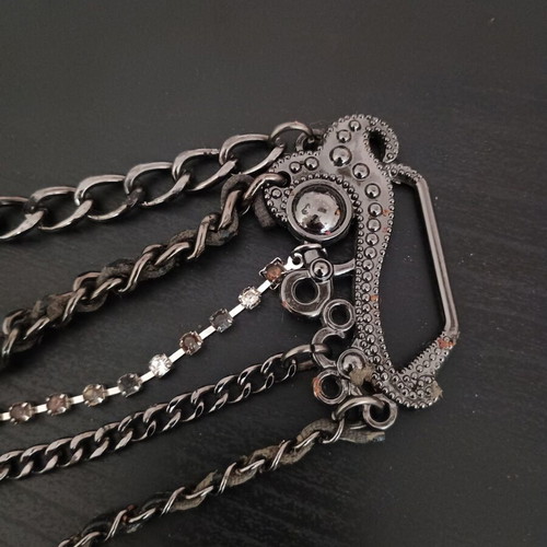 Belt Buckle Accessory used, black with rhinestones, chains and cord