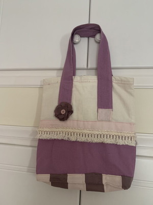 Handmade shopping bag used, beige and pink, 31x33 cm