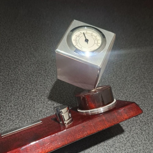 Vintage office set with rotating cube clock, thermometer & hygrometer on wooden base like new