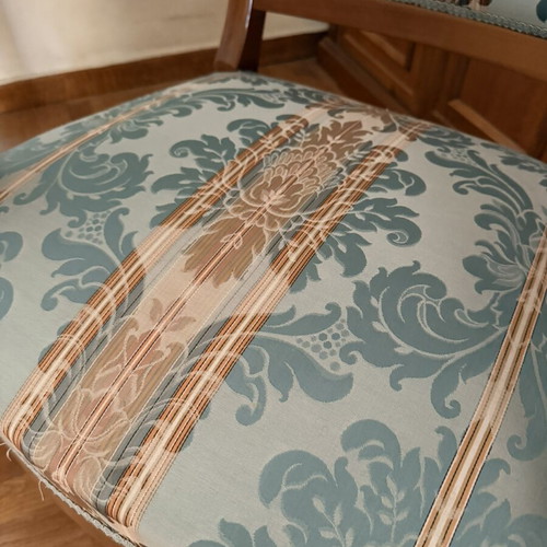Classic armchairs pair, solid cherry wood, damask upholstery