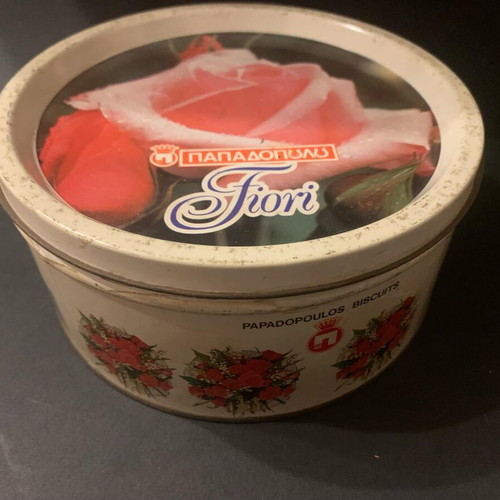 Papadopoulou Fiori biscuit tin used, metal