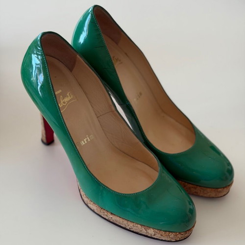 Christian Louboutin green patent leather pumps size 38 used with cork heel