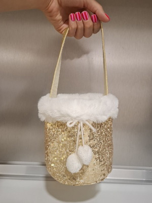 Children's handbag new with gold sequins and white fur