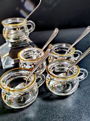 Vintage miniature glass mugs with silverplated spoons like new